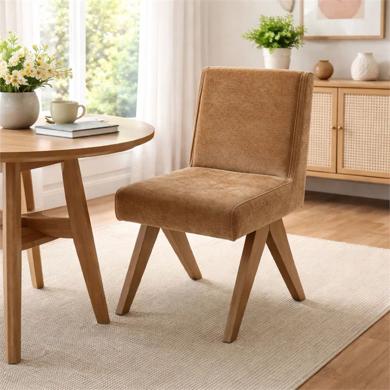 Sery Dining Side Chair Set of 2- Chocolate Brown Chenille- Wood Legs