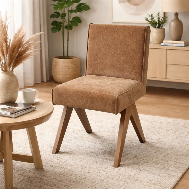 Sery Dining Side Chair Set of 2- Chocolate Brown Chenille- Wood Legs