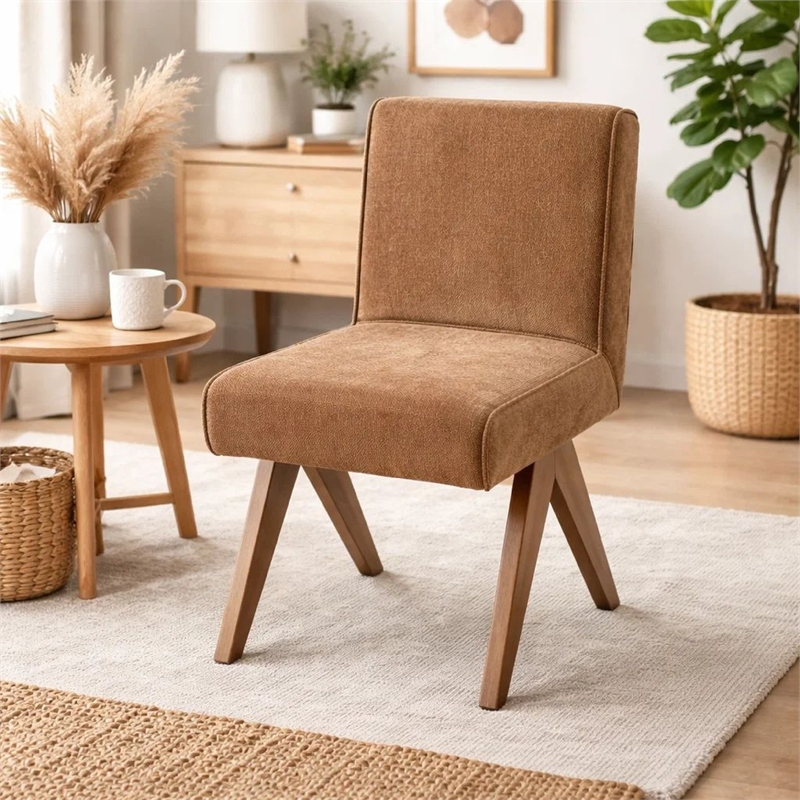 Sery Dining Side Chair Set of 2- Chocolate Brown Chenille- Wood Legs