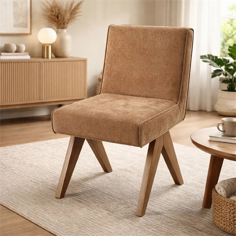 Sery Dining Side Chair Set of 2- Chocolate Brown Chenille- Wood Legs