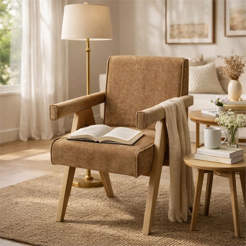 Sery Armchair Set of 2- Chocolate Brown Chenille Seat- Wood Legs