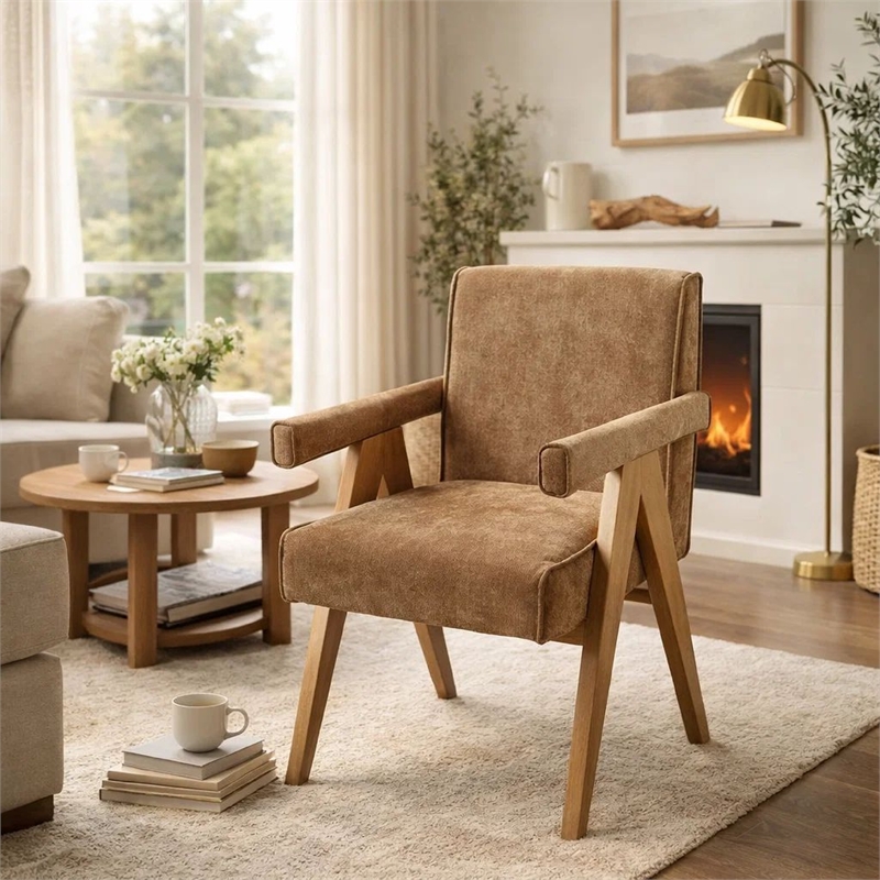 Sery Armchair Set of 2- Chocolate Brown Chenille Seat- Wood Legs