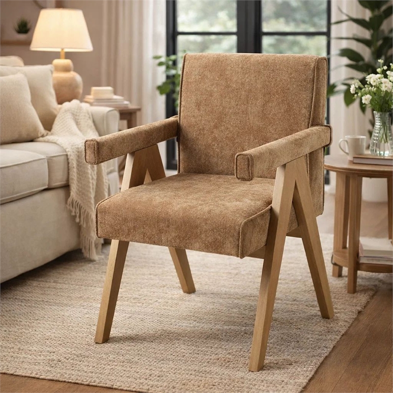 Sery Armchair Set of 2- Chocolate Brown Chenille Seat- Wood Legs