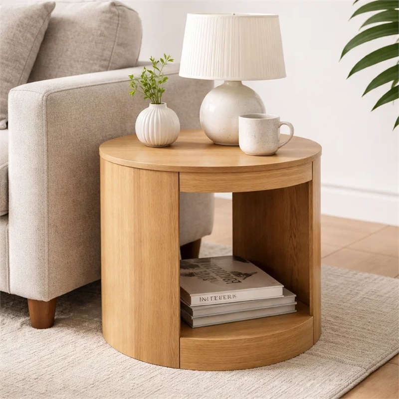 Sery Side End Table- 22 Inch Round Top with Open Lower Shelf- Oak Brown