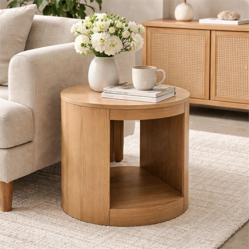 Sery Side End Table- 22 Inch Round Top with Open Lower Shelf- Oak Brown