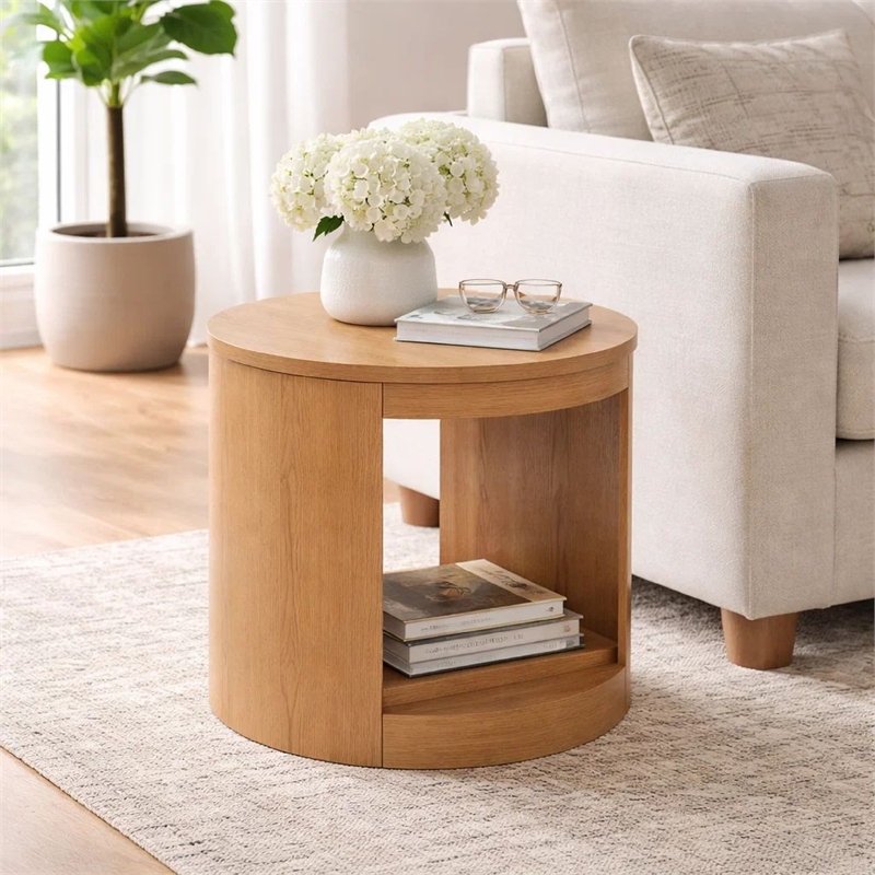 Sery Side End Table- 22 Inch Round Top with Open Lower Shelf- Oak Brown