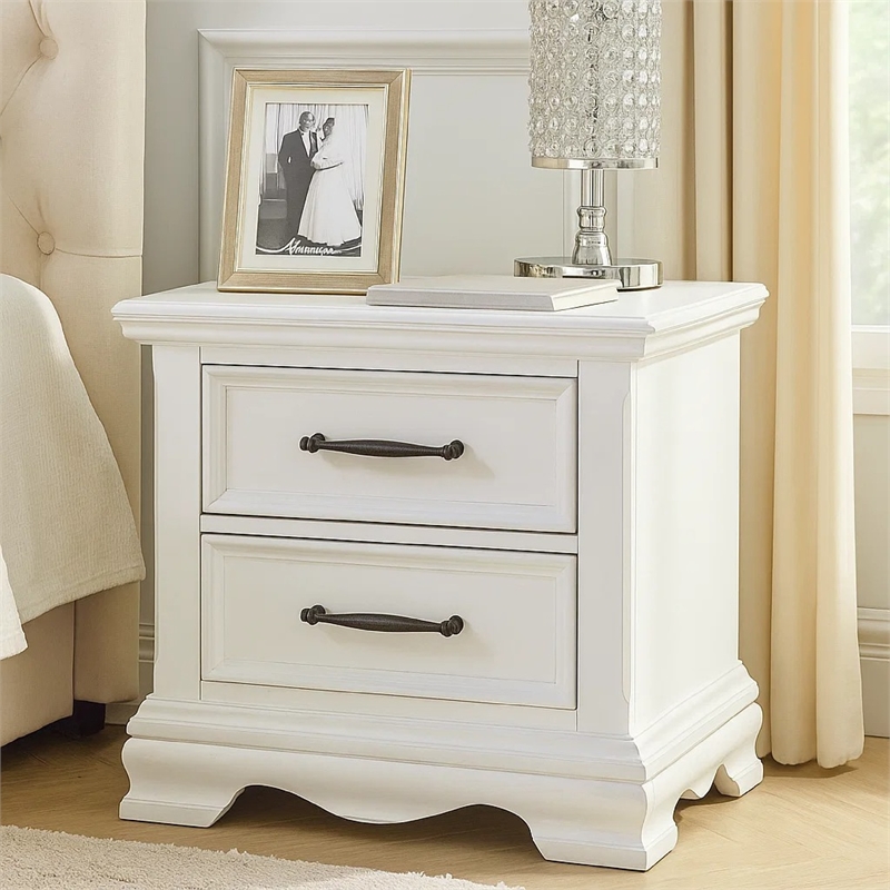 Yal Nightstand- 2 Drawers w Black Nickel Bar Handles- White Finish