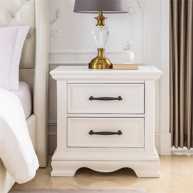Yal Nightstand- 2 Drawers w Black Nickel Bar Handles- White Finish