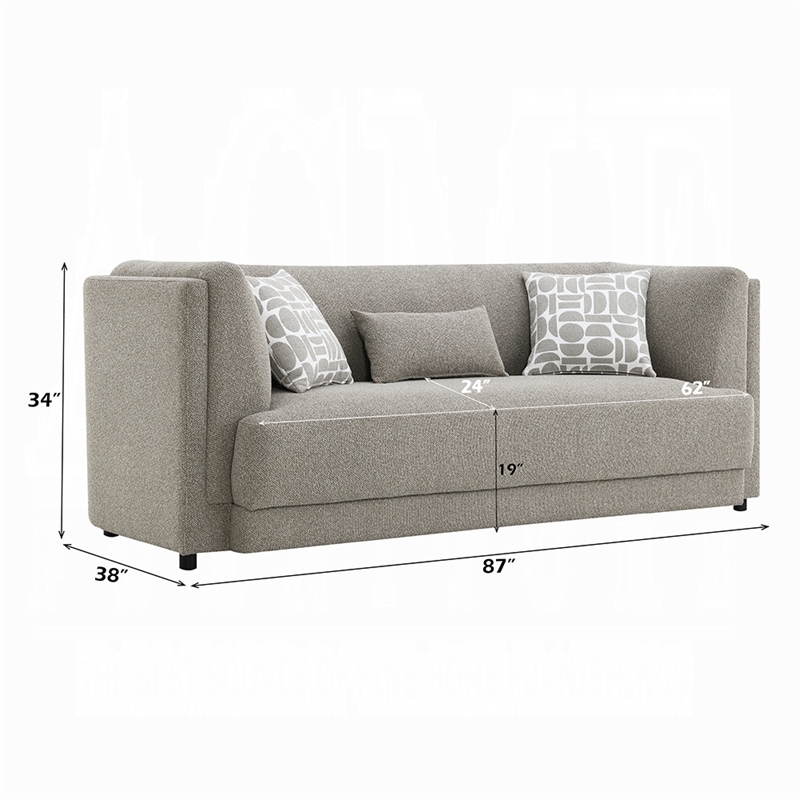 Gely 87 Inch Sofa with 3 Accent Pillows- Straight Arms- Gray Chenille