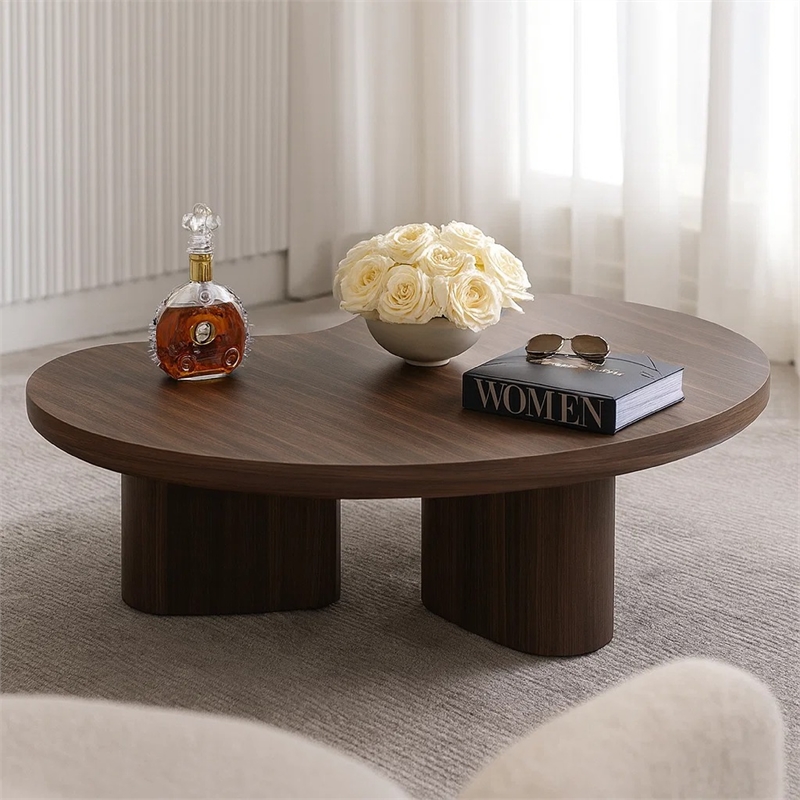 Yex Coffee Table- 35 Inch Curved Top with Pedestal Legs- Smoked Oak Brown