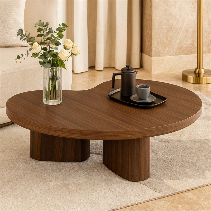 Yex Coffee Table- 35 Inch Curved Top with Pedestal Legs- Smoked Oak Brown