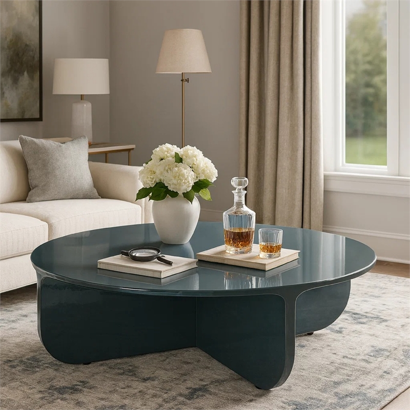 Lemy Coffee Table. 39 Inch Round Top with Pedestal Base- Teal Blue Wood