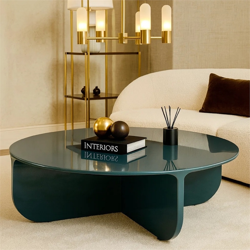 Lemy Coffee Table. 39 Inch Round Top with Pedestal Base- Teal Blue Wood
