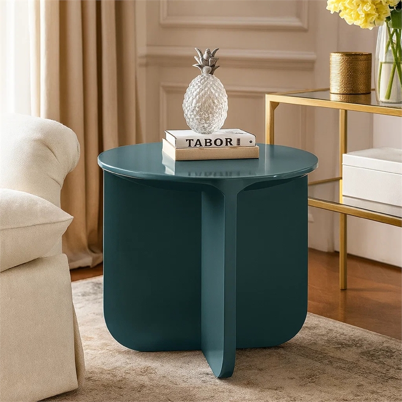 Lemy Side End Table. 20 Inch Round Top with Pedestal Base- Teal Blue Wood