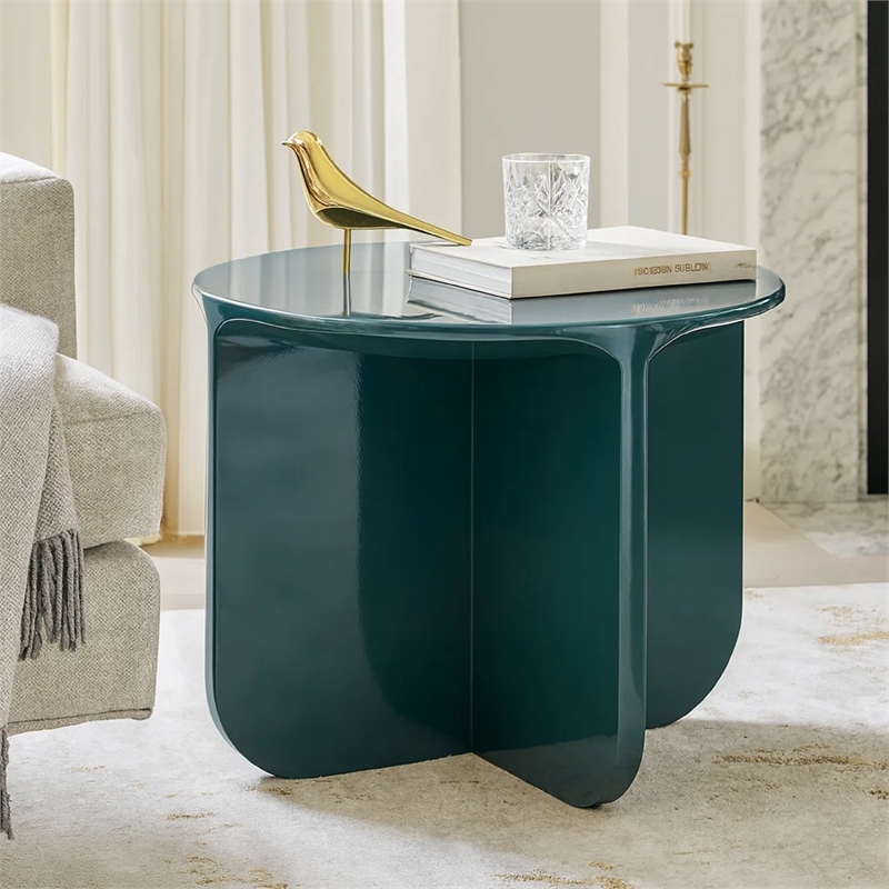 Lemy Side End Table. 20 Inch Round Top with Pedestal Base- Teal Blue Wood