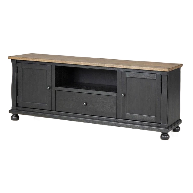 Ginie TV Stand Media Cabinet- Black and Brown Rubberwood- 75 Inch