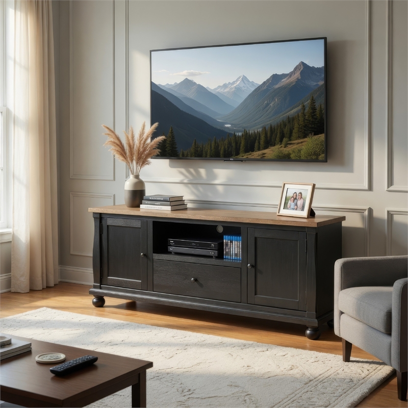 Ginie TV Stand Media Cabinet- Black and Brown Rubberwood- 75 Inch