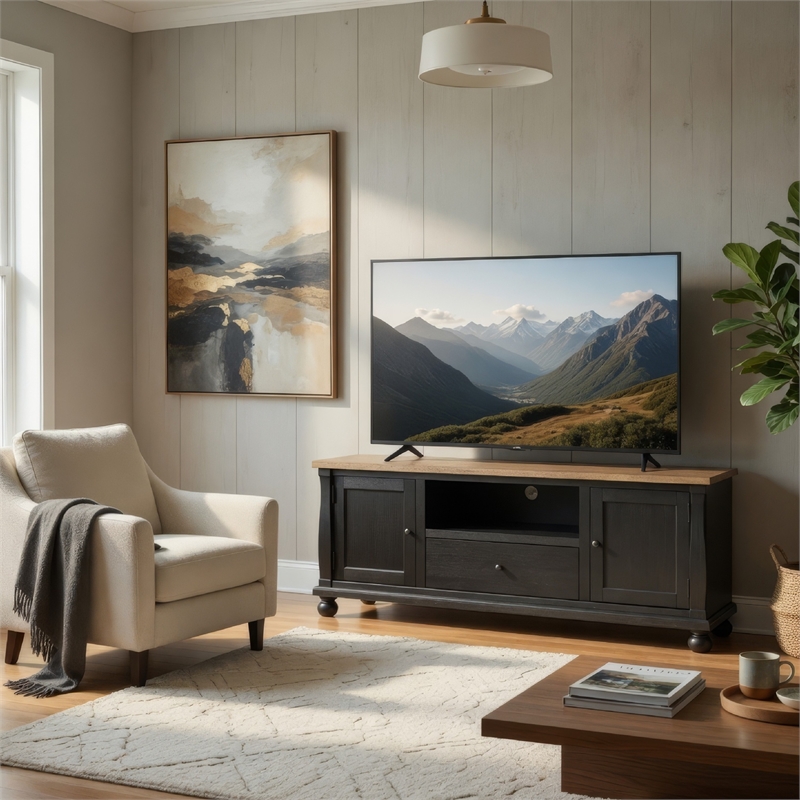 Ginie TV Stand Media Cabinet- Black and Brown Rubberwood- 75 Inch
