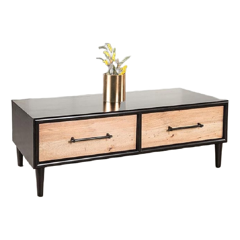 Lucas Coffee Table- 2 Drawers- Brown- Black Solid Rubberwood- 52 Inch