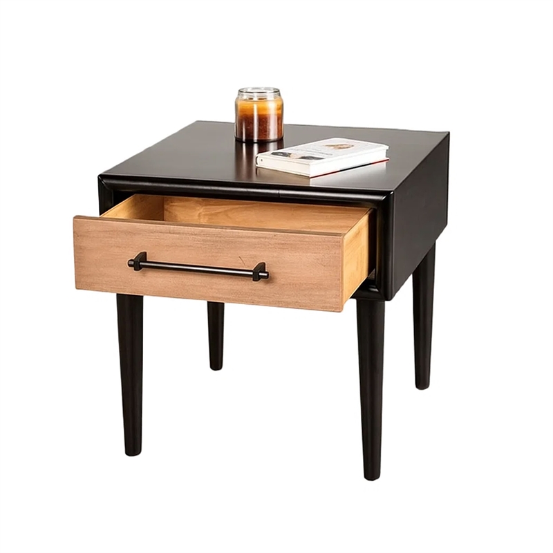 Lucas Side End Table- 1 Drawer- Brown- Black Solid Rubberwood- 24 Inch