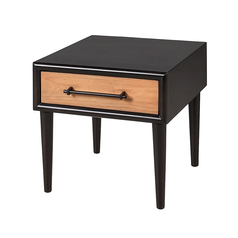 Lucas Side End Table- 1 Drawer- Brown- Black Solid Rubberwood- 24 Inch