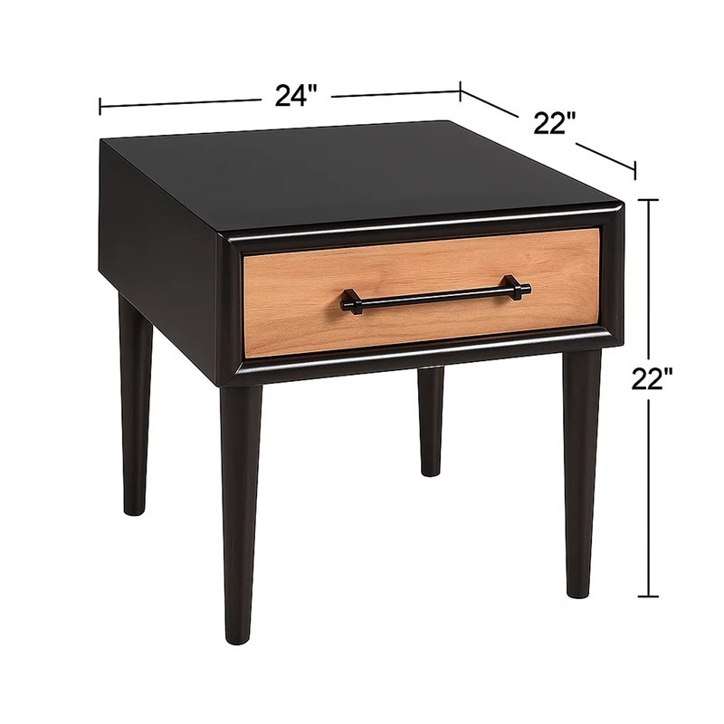 Lucas Side End Table- 1 Drawer- Brown- Black Solid Rubberwood- 24 Inch