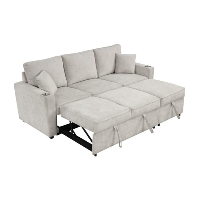 Dily Sleeper Sectional Sofa with Pull Out Bed and 2 Pillows- Beige