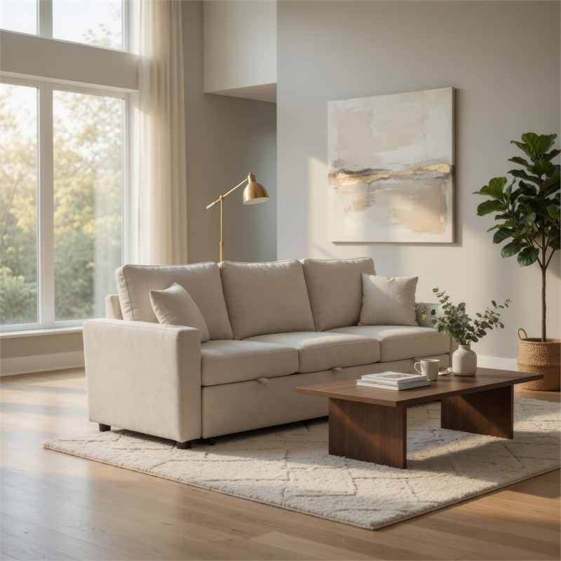 Dily Sleeper Sectional Sofa with Pull Out Bed and 2 Pillows- Beige