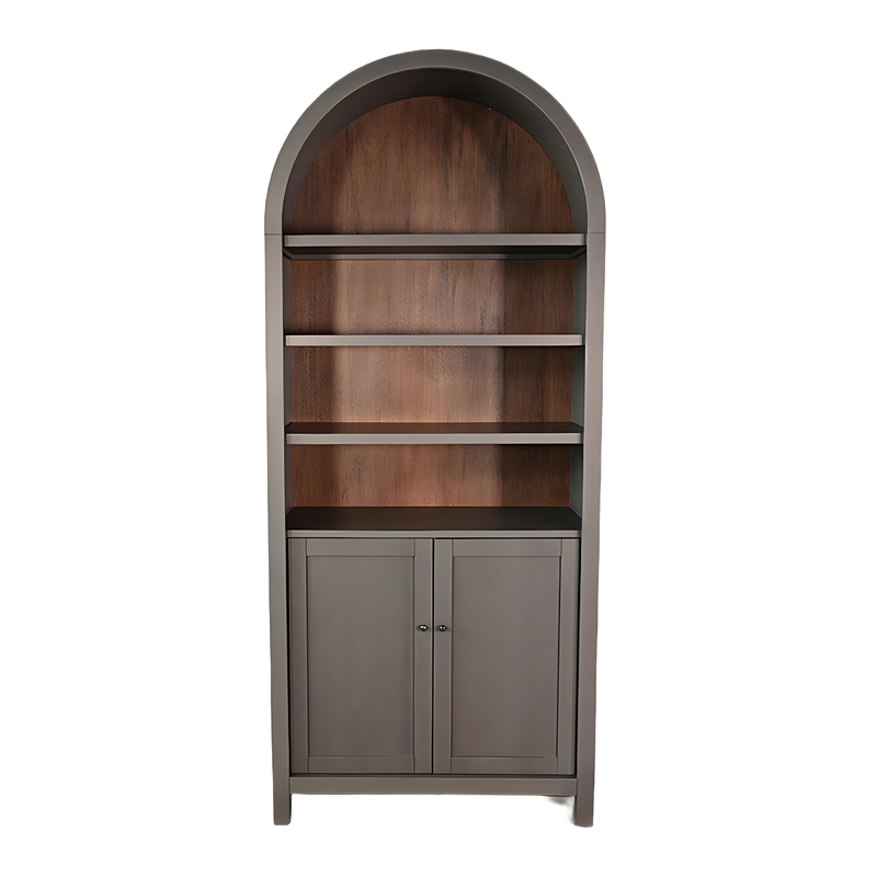Xeny Arched Display Cabinet- 3 Shelves w 2 Doors- Gray Mahogany Wood
