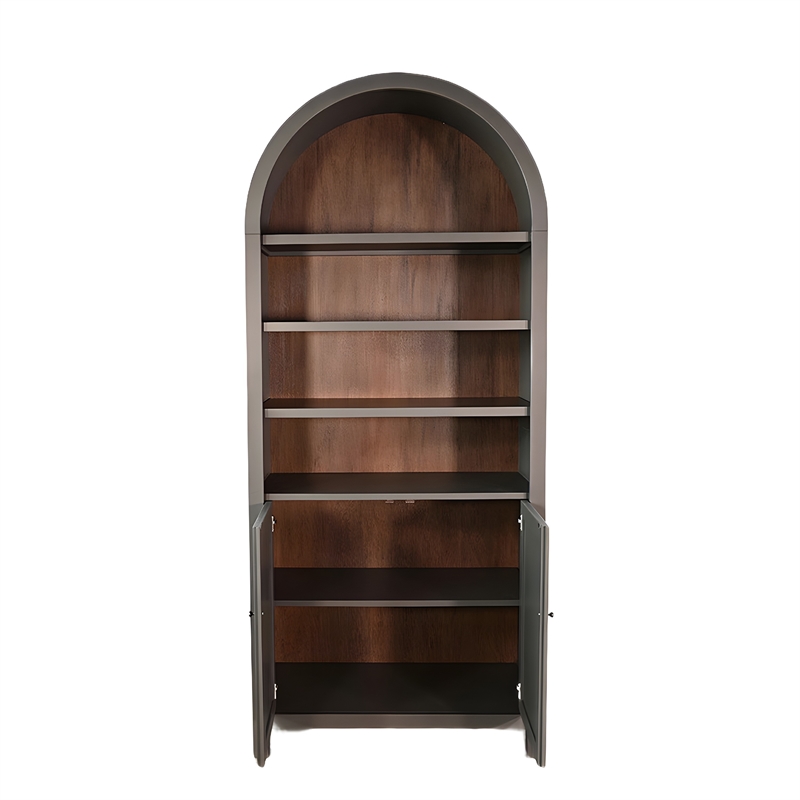 Xeny Arched Display Cabinet- 3 Shelves w 2 Doors- Gray Mahogany Wood
