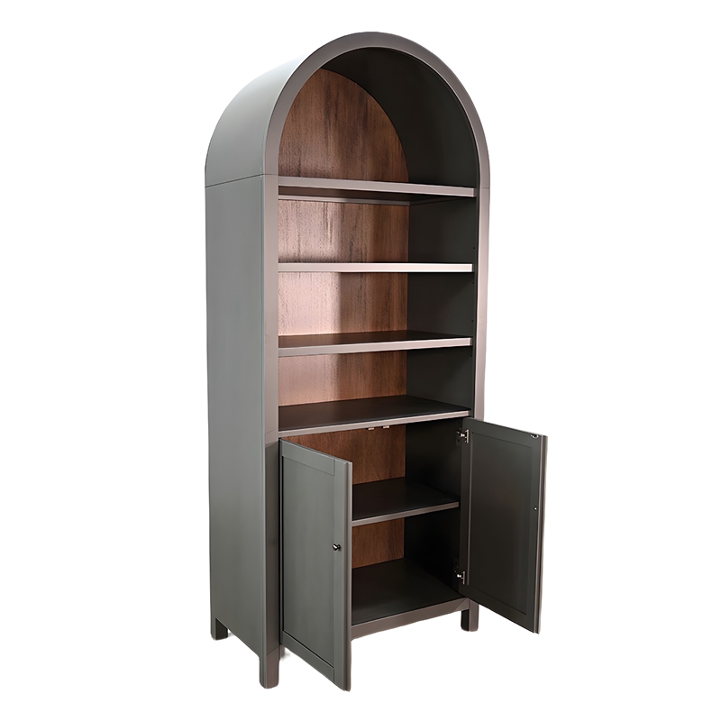Xeny Arched Display Cabinet- 3 Shelves w 2 Doors- Gray Mahogany Wood