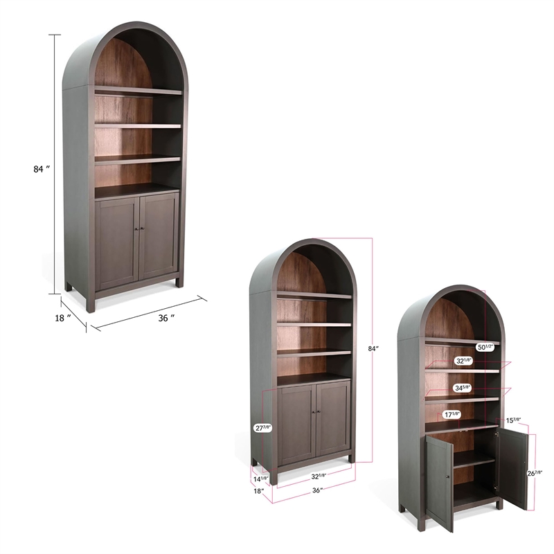Xeny Arched Display Cabinet- 3 Shelves w 2 Doors- Gray Mahogany Wood