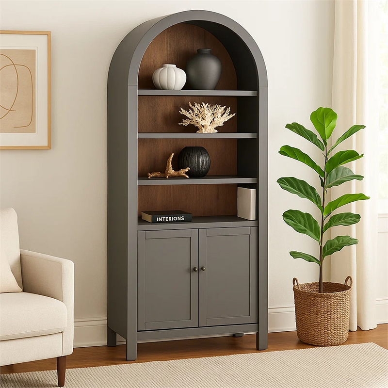 Xeny Arched Display Cabinet- 3 Shelves w 2 Doors- Gray Mahogany Wood