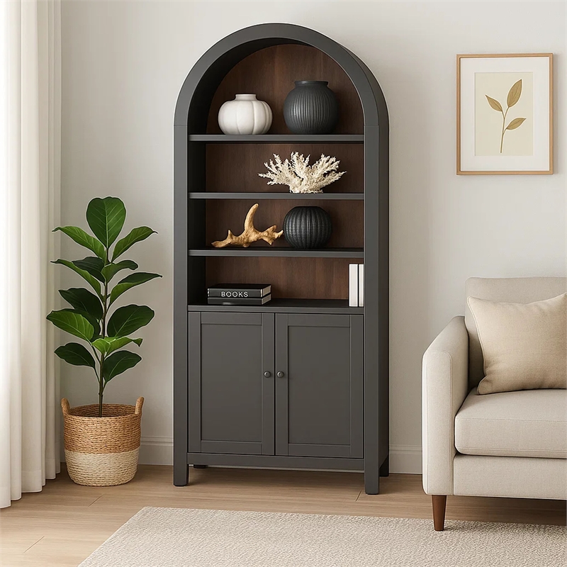 Xeny Arched Display Cabinet- 3 Shelves w 2 Doors- Gray Mahogany Wood