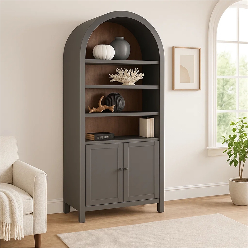 Xeny Arched Display Cabinet- 3 Shelves w 2 Doors- Gray Mahogany Wood