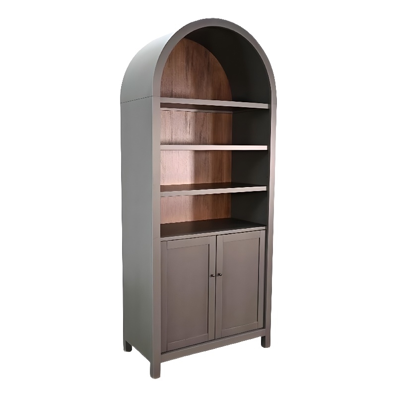 Xeny Arched Display Cabinet- 3 Shelves w 2 Doors- Gray Mahogany Wood