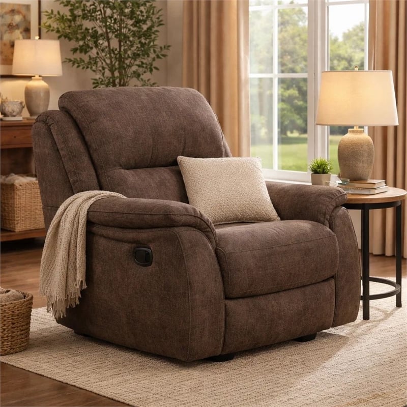 Heny Manual Glider Recliner Chair- Plush Dark Brown Pillow Top Arms