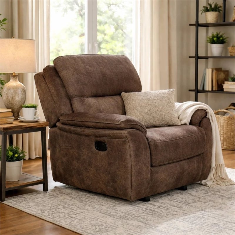 Heny Manual Glider Recliner Chair- Plush Dark Brown Pillow Top Arms