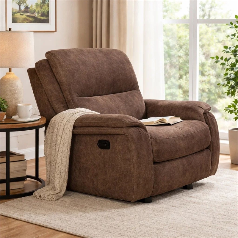 Heny Manual Glider Recliner Chair- Plush Dark Brown Pillow Top Arms