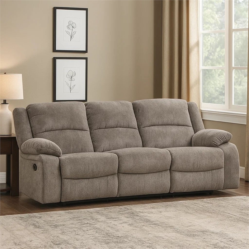Cem Manual Reclining Sofa- Pillow Tufted- Mocha Gray Chenille 88 Inch