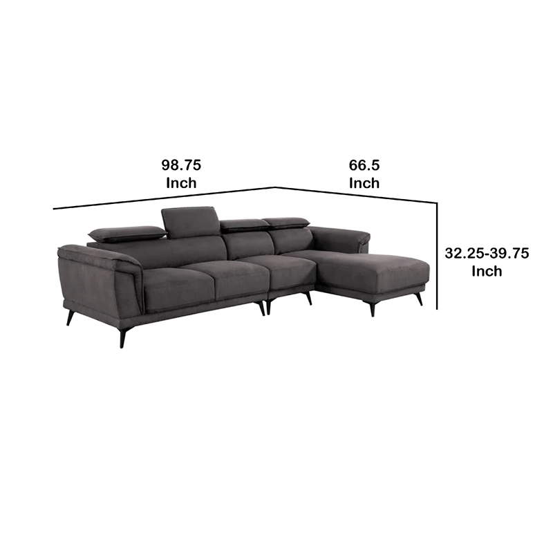 Panie Sectional Sofa- Adjustable Headrests- Right Chaise- Gray Fabric- 99 Inch