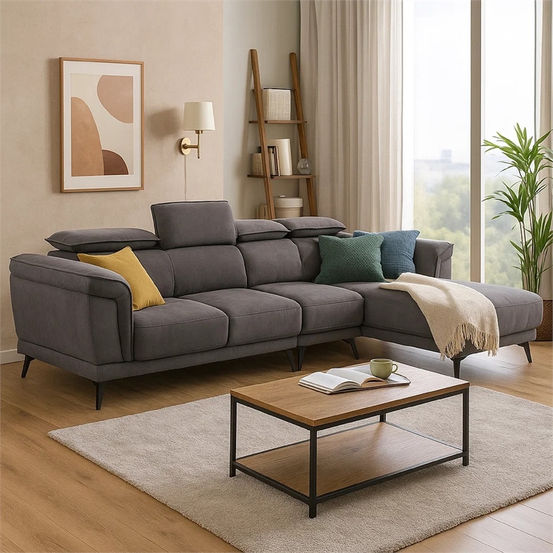 Panie Sectional Sofa- Adjustable Headrests- Right Chaise- Gray Fabric- 99 Inch