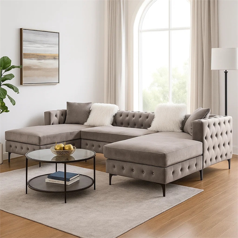 Ciaba Modern Sectional Sofa- Double Chaise- Gray Flannelette- 127 Inch