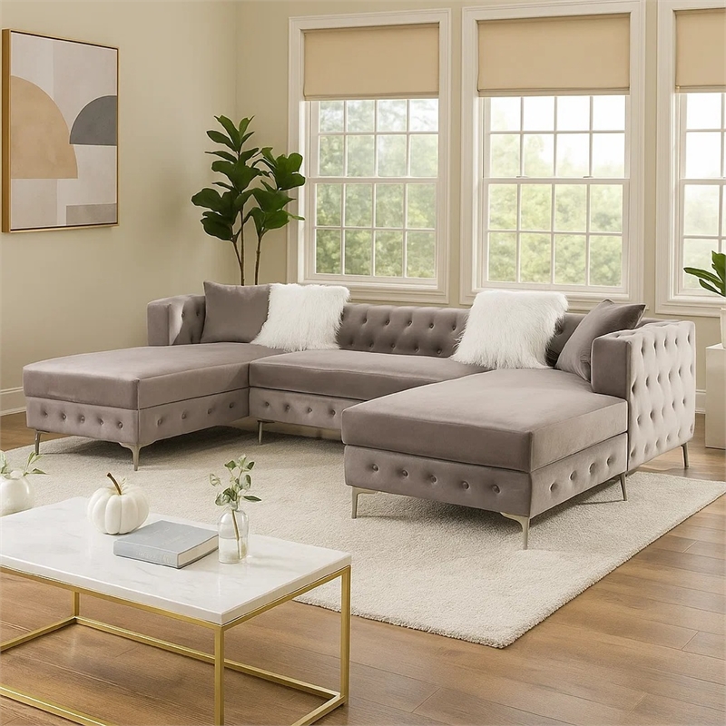 Ciaba Modern Sectional Sofa- Double Chaise- Gray Flannelette- 127 Inch