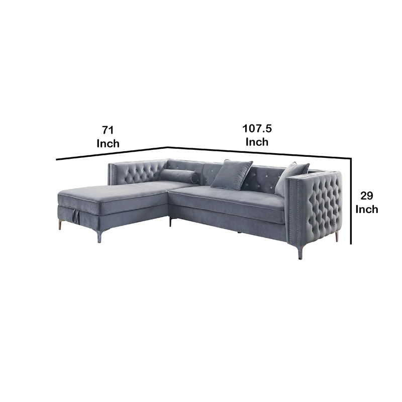 Amna Sectional Sofa- Storage Chaise- Gray Tufted Flannelette- 108 Inch