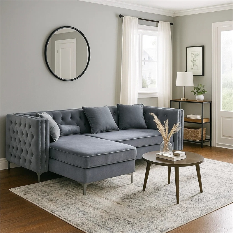 Amna Sectional Sofa- Storage Chaise- Gray Tufted Flannelette- 108 Inch