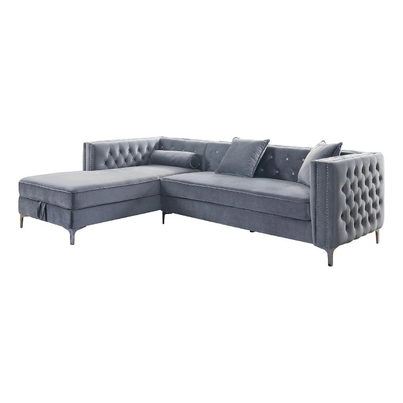Amna Sectional Sofa- Storage Chaise- Gray Tufted Flannelette- 108 Inch