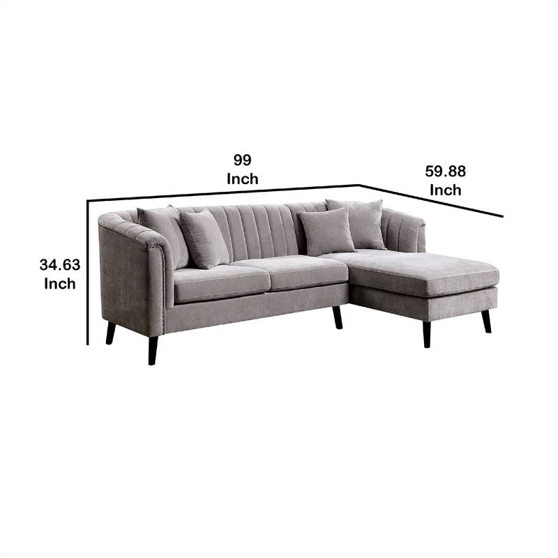 Willy L-Shaped Sectional- 4 Pillows- Gray Tufted Chenille- 99 Inch