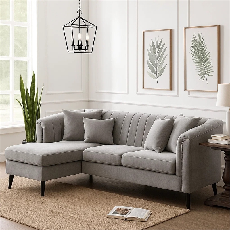 Willy L-Shaped Sectional- 4 Pillows- Gray Tufted Chenille- 99 Inch