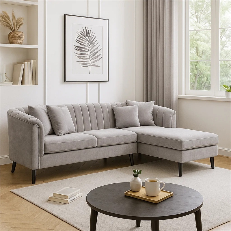 Willy L-Shaped Sectional- 4 Pillows- Gray Tufted Chenille- 99 Inch